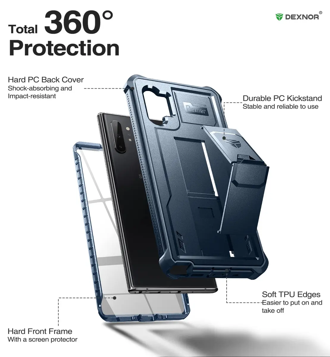 Dexnor for Samsung Galaxy Note 10+ Plus Case, Built-in Screen Protector & Kickstand | Heavy Duty Military Grade Shockproof Cover (Blue) - view 6
