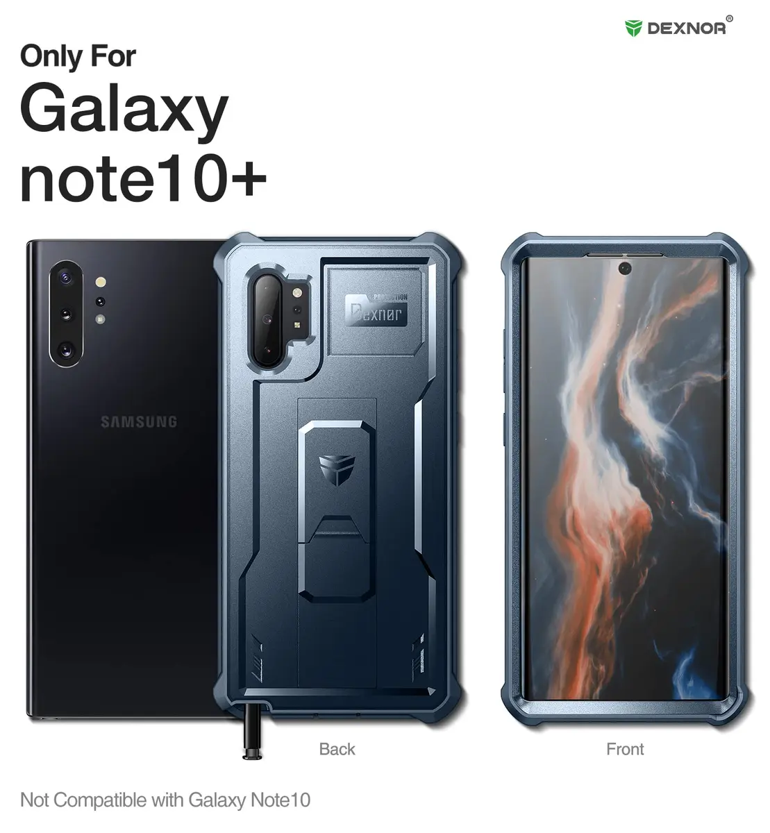 Dexnor for Samsung Galaxy Note 10+ Plus Case, Built-in Screen Protector & Kickstand | Heavy Duty Military Grade Shockproof Cover (Blue) - view 2