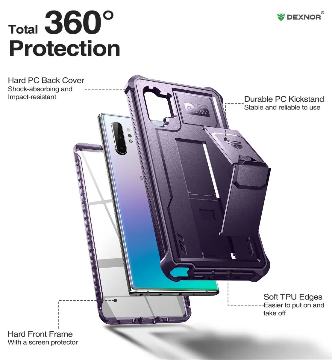 Dexnor Samsung Galaxy Note 10+ Plus Case with Built-in Screen Protector & Kickstand | Heavy Military Grade Shockproof Cover (6.8 inches, Purple) - view 6