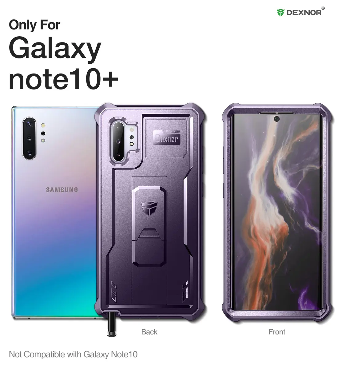 Dexnor Samsung Galaxy Note 10+ Plus Case with Built-in Screen Protector & Kickstand | Heavy Military Grade Shockproof Cover (6.8 inches, Purple) - view 2