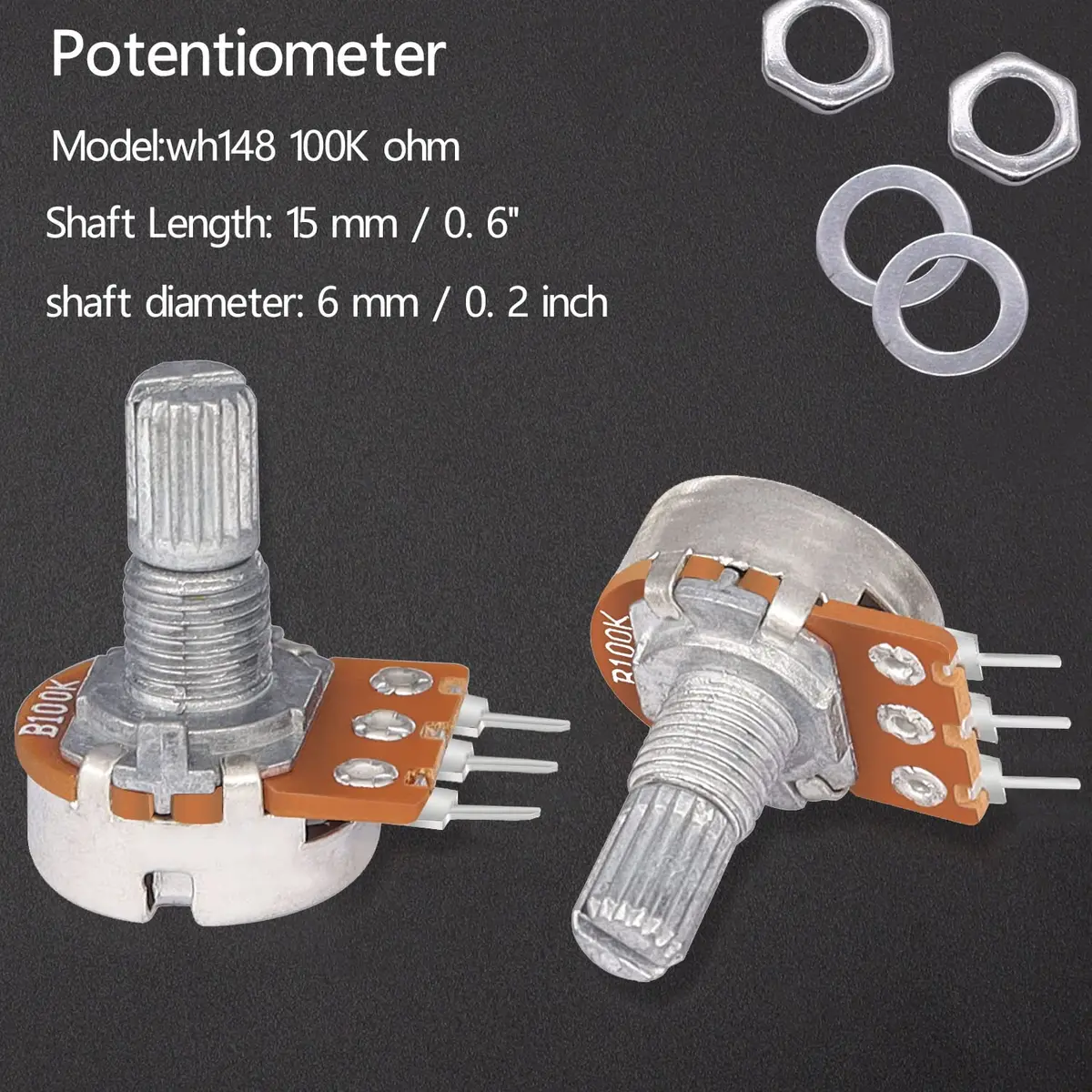 Taiss 30pcs 100K Potentiometer Variable Resistors 3 Terminals Linear Taper Rotary Audio B Type Potentiometer, Volume Control Shaft 15mm | Durable Metal Construction - view 5