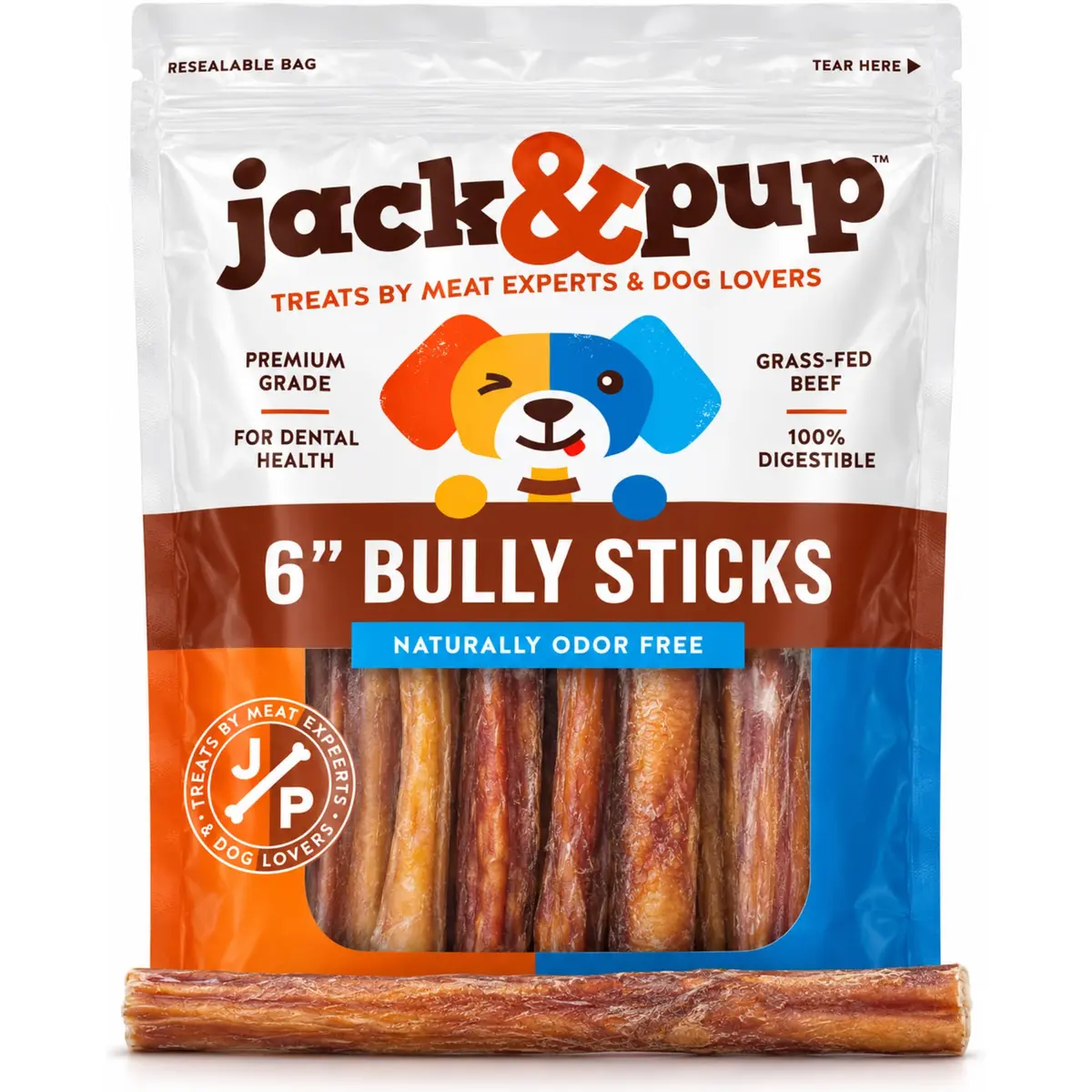 Jack&Pup 6 Inch Bully Sticks | Odor-Free Beef Dog Chews for Medium Dogs - main product image