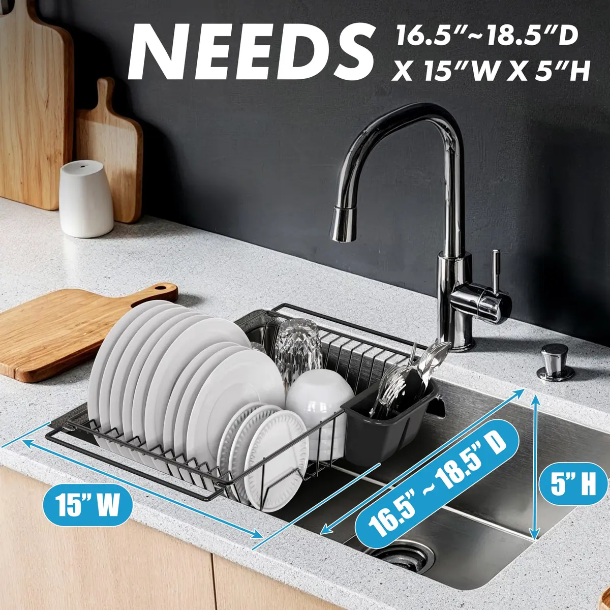 Simple Houseware Large Stainless Steel Dish Drainer Rack, Black | Over Sink Countertop Drying Rack with Utensil Holder - view 6