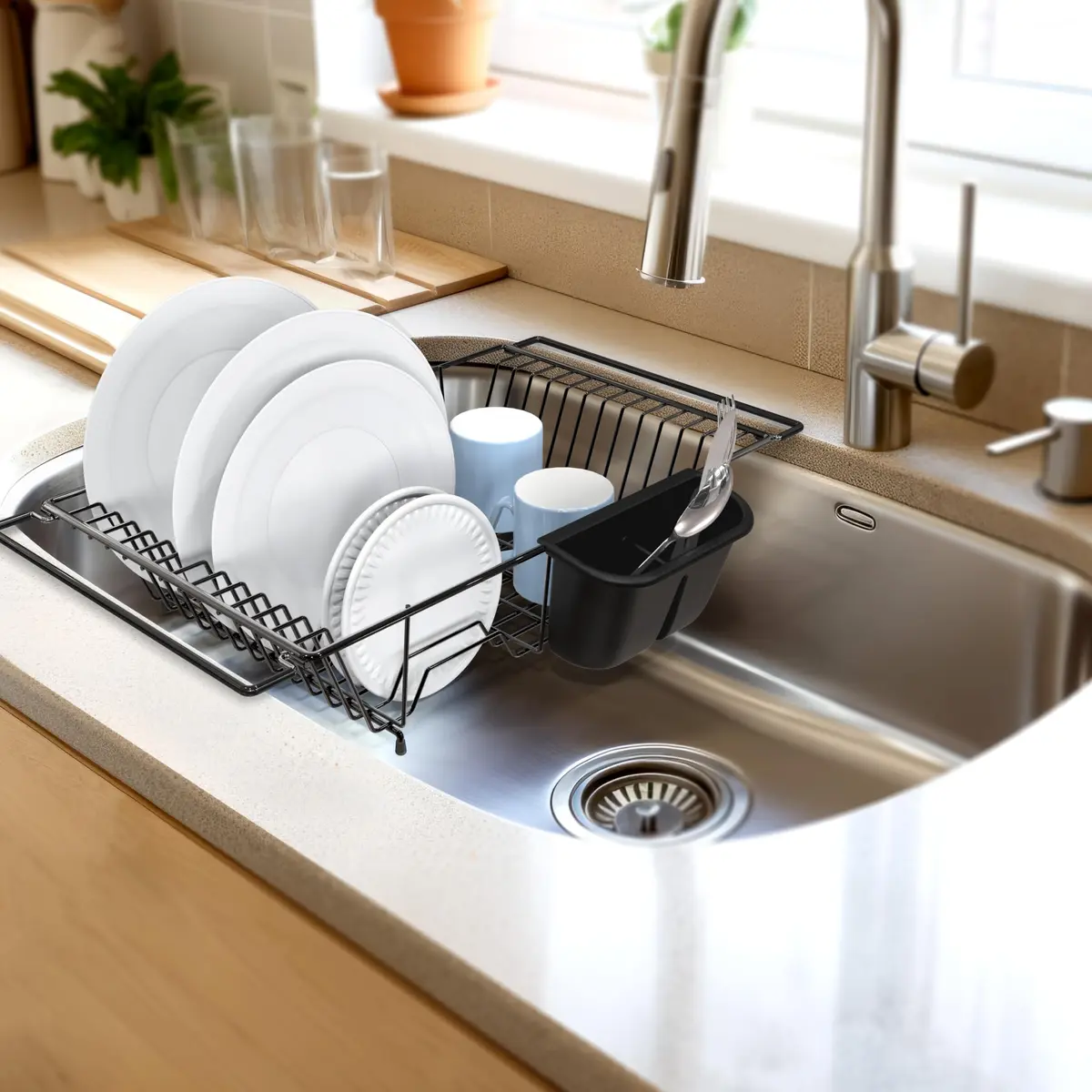 Simple Houseware Large Stainless Steel Dish Drainer Rack, Black | Over Sink Countertop Drying Rack with Utensil Holder - view 2