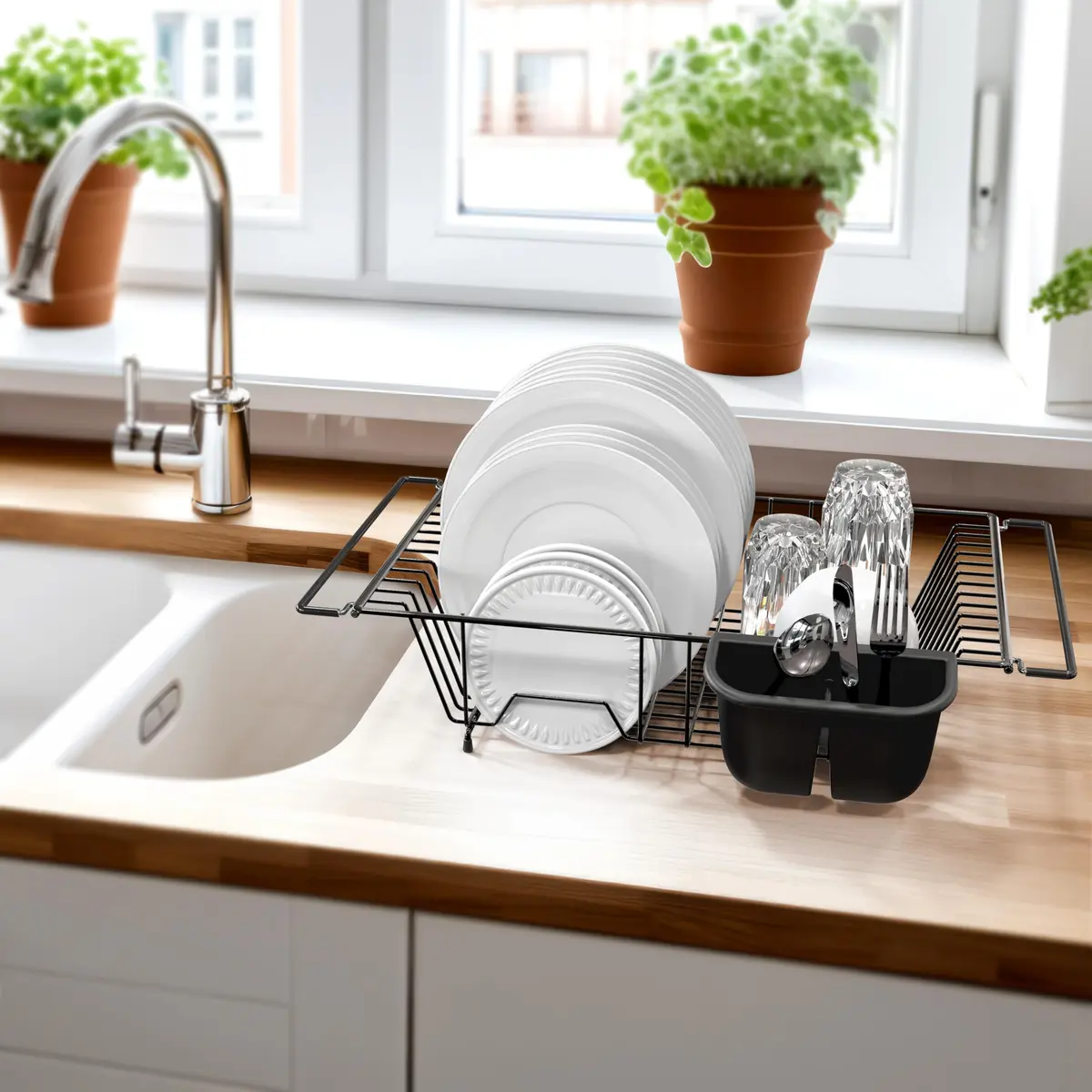 Simple Houseware Large Stainless Steel Dish Drainer Rack, Black | Over Sink Countertop Drying Rack with Utensil Holder - view 3