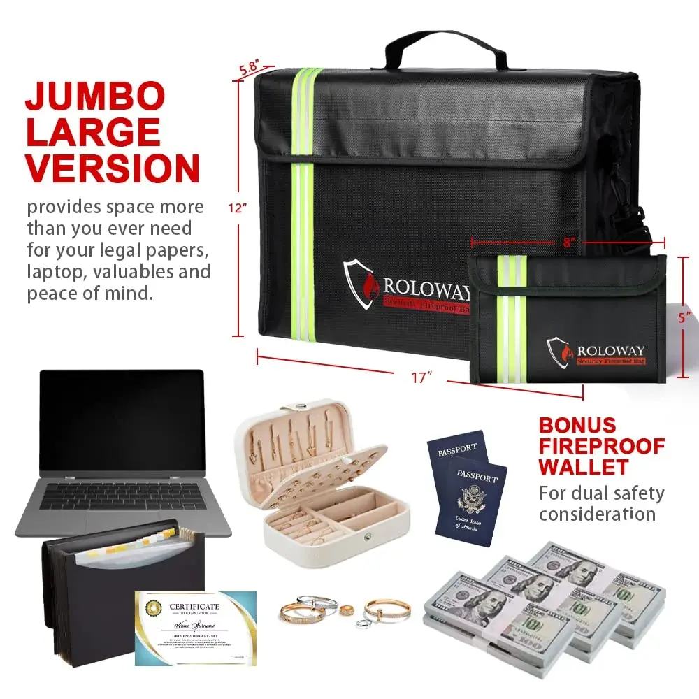 ROLOWAY Large Fireproof Document Bag 43cm (17 x 12 x 5.8 inches) | Water Resistant with Reflective Strip - view 4
