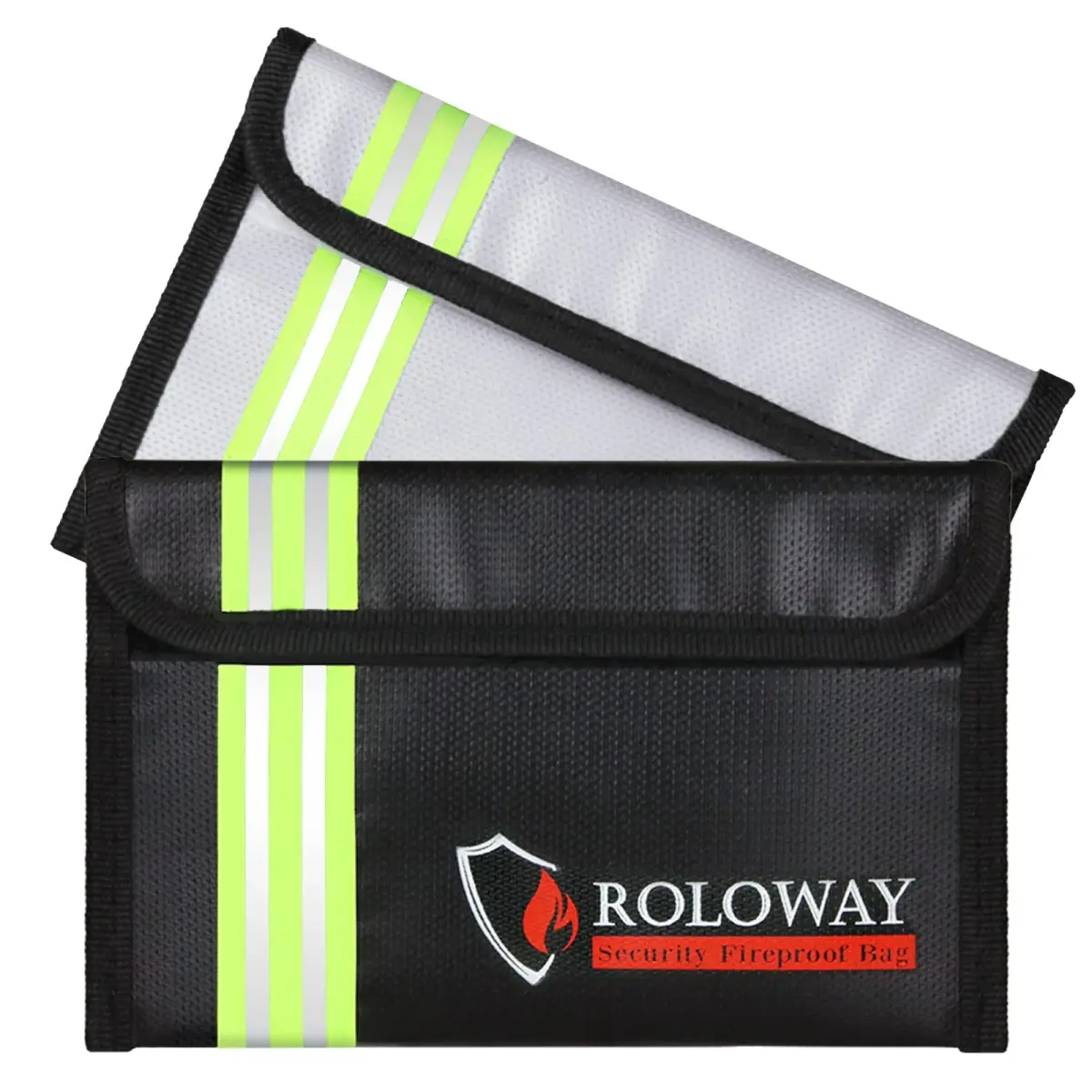 ROLOWAY 8 x 5 Inch Silver & Black Fireproof Bag with Reflective Strip | Heat Insulated Document & Cash Protection - main product image