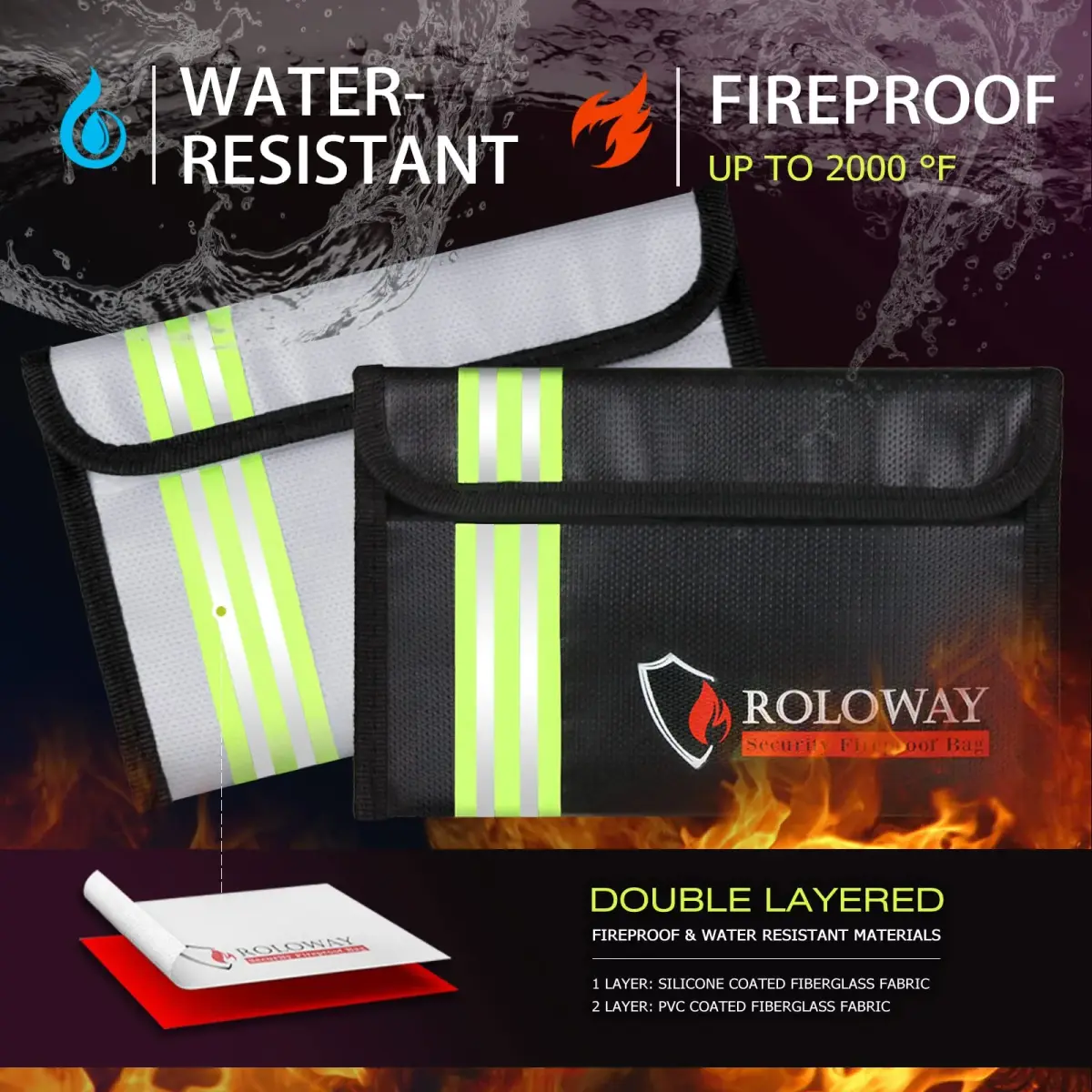 ROLOWAY 8 x 5 Inch Silver & Black Fireproof Bag with Reflective Strip | Heat Insulated Document & Cash Protection - view 4
