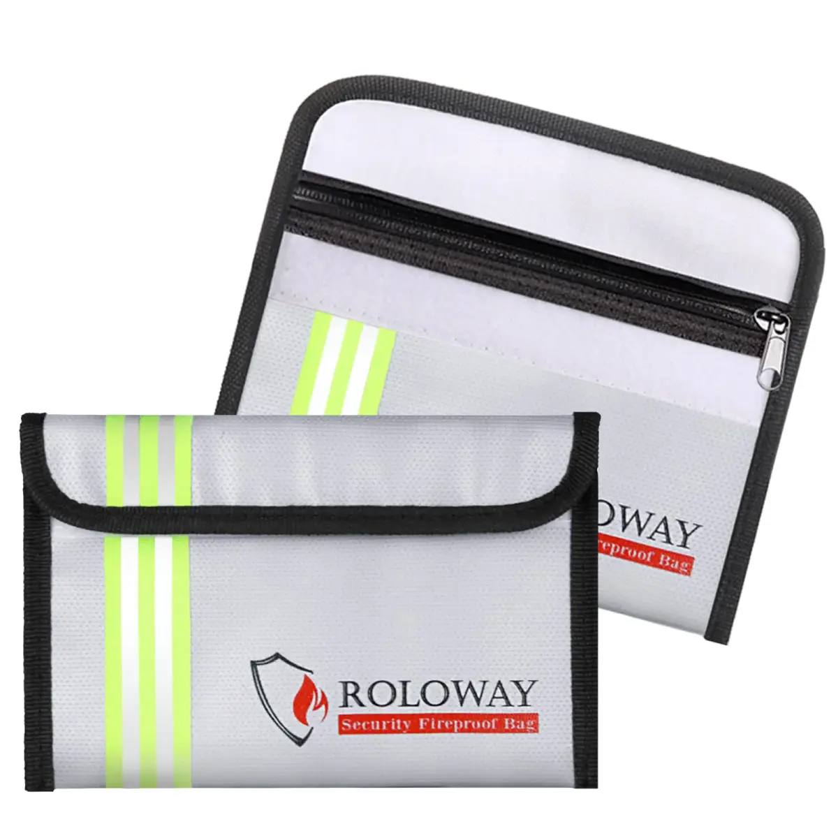 ROLOWAY Small Fireproof Bag 8 x 5 Inch, Silver With Reflective Strip - Heat Insulated Document & Cash Protection - main product image