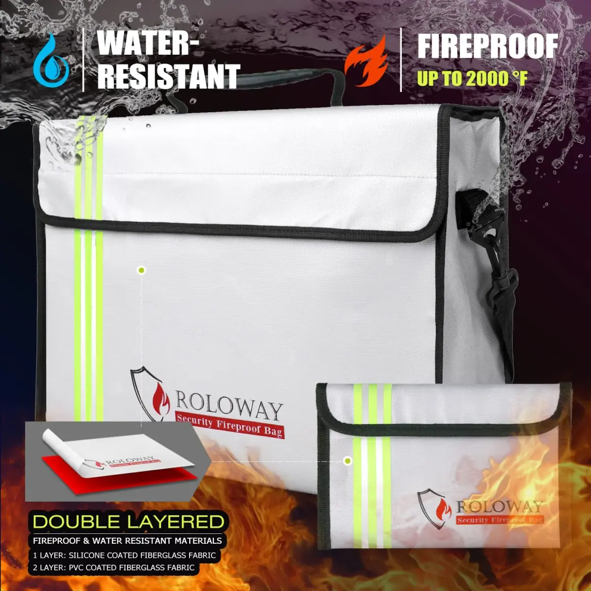 ROLOWAY Large Fireproof Document Bag 40.6 cm (15 inches) | Water Resistant, Reflective Strip, Quick Grab & Go - view 5