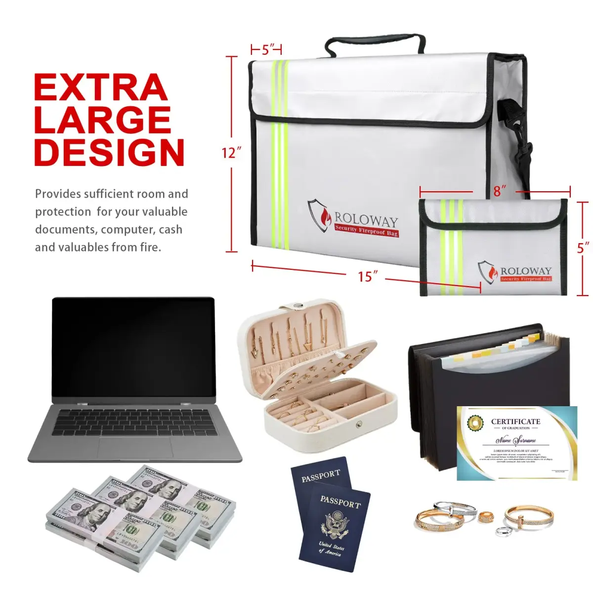 ROLOWAY Large Fireproof Document Bag 40.6 cm (15 inches) | Water Resistant, Reflective Strip, Quick Grab & Go - view 4