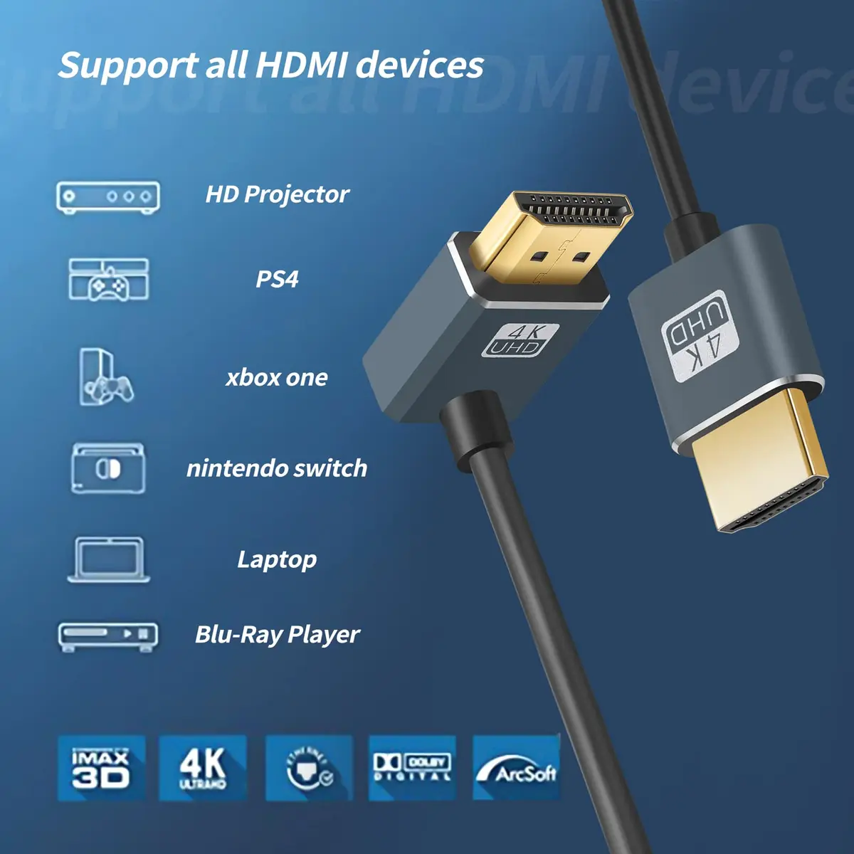 Twozoh HDMI Cable 3.3FT Downward Angled 90° | 4K@60Hz Support, Ultra Thin & Slim - view 3