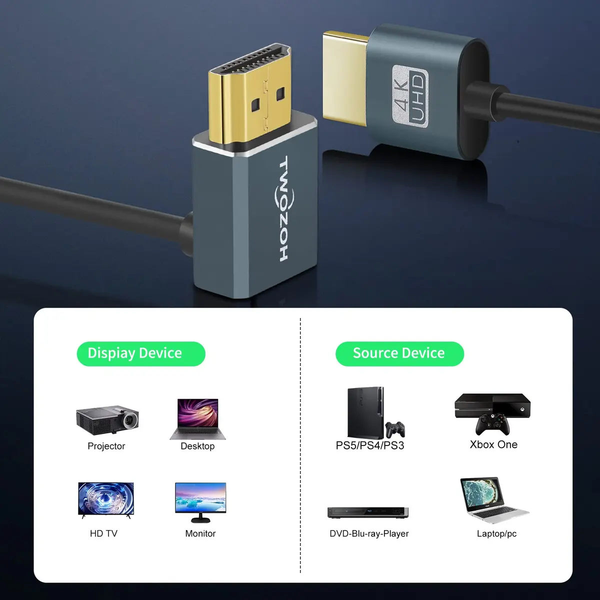 Twozoh Flexible HDMI to HDMI Cable Up Angled 270° 0.3m (1FT) | Supports 4K@60Hz - view 5