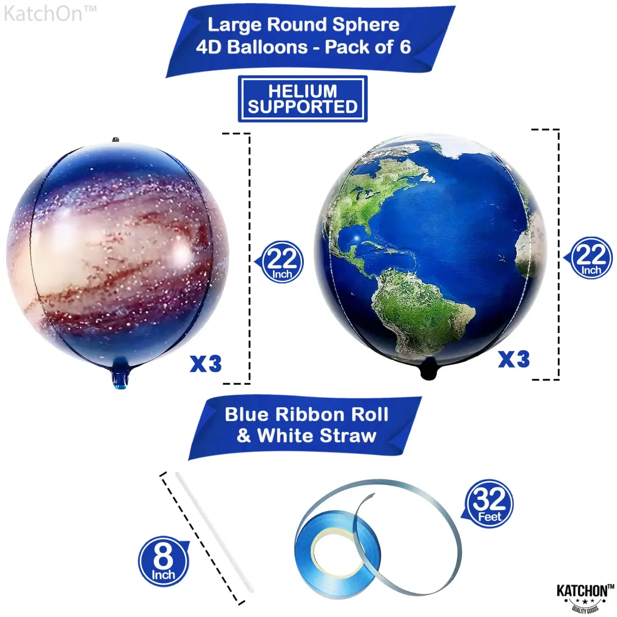 KatchOn Globe and Galaxy Balloons 22 Inch (55.88 cm) Pack of 6 | Helium Supported 4D Sphere Effect - view 2