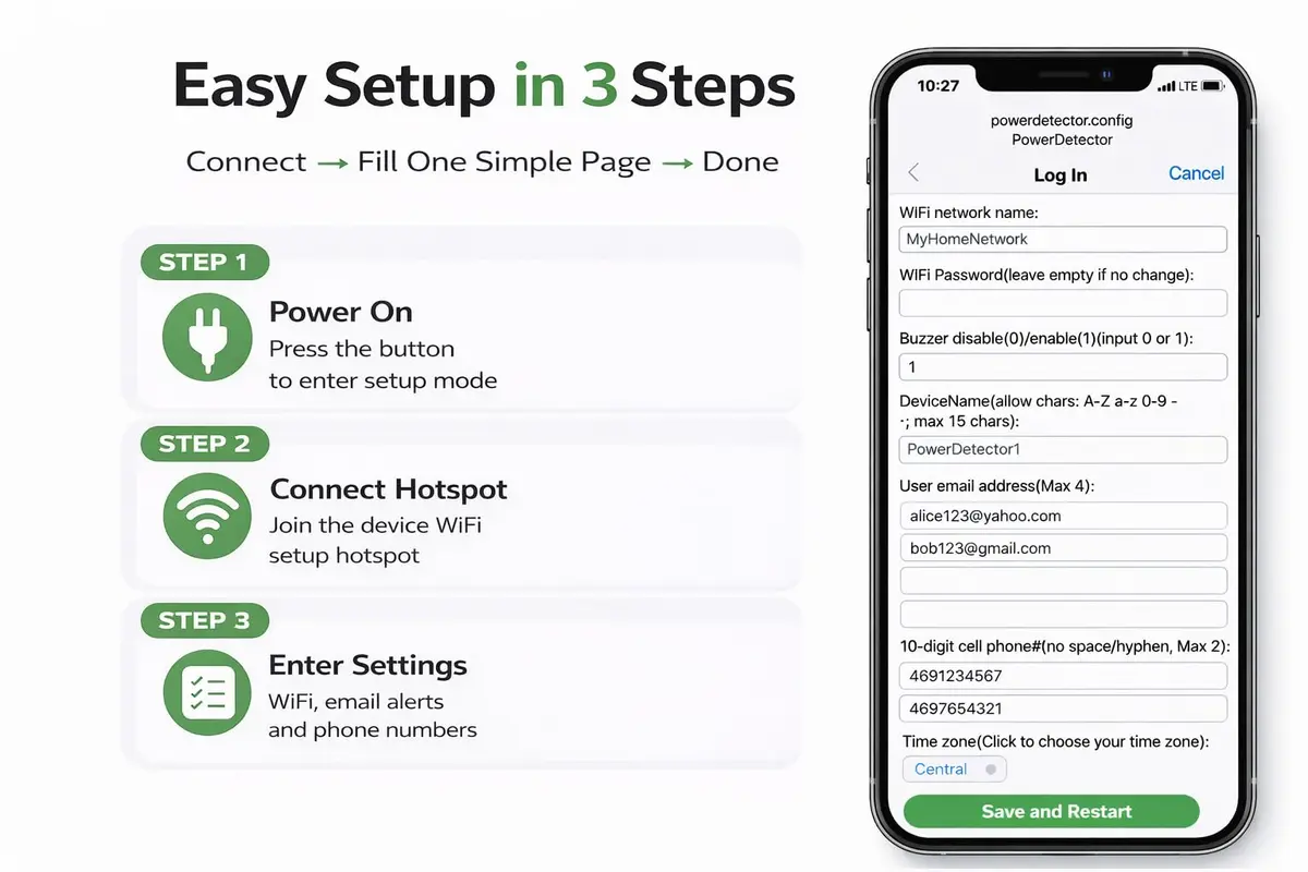 Risinglink WiFi Power Outage Alarm Detector 24/7 | US-Engineered Power Failure & Restoration Alerts - view 5