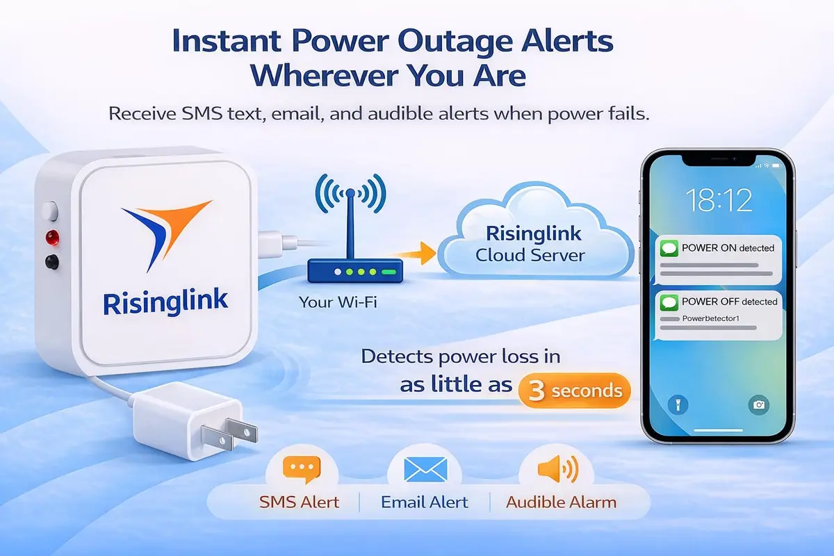 Risinglink WiFi Power Outage Alarm Detector 24/7 | US-Engineered Power Failure & Restoration Alerts - view 3