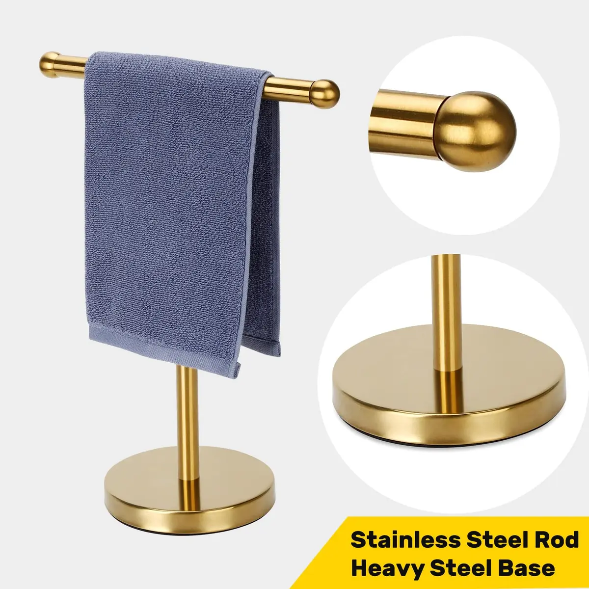 WAYDELI Gold Hand Towel Holder Stand with Weighted Base, SUS304 Stainless Steel, 29cm (11.4 inches) | Freestanding Countertop Design - view 2