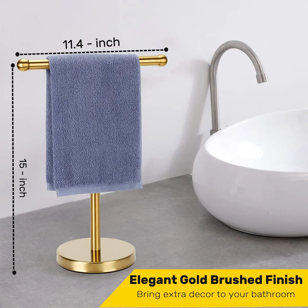 WAYDELI Gold Hand Towel Holder Stand with Weighted Base, SUS304 Stainless Steel, 29cm (11.4 inches) | Freestanding Countertop Design - view 3