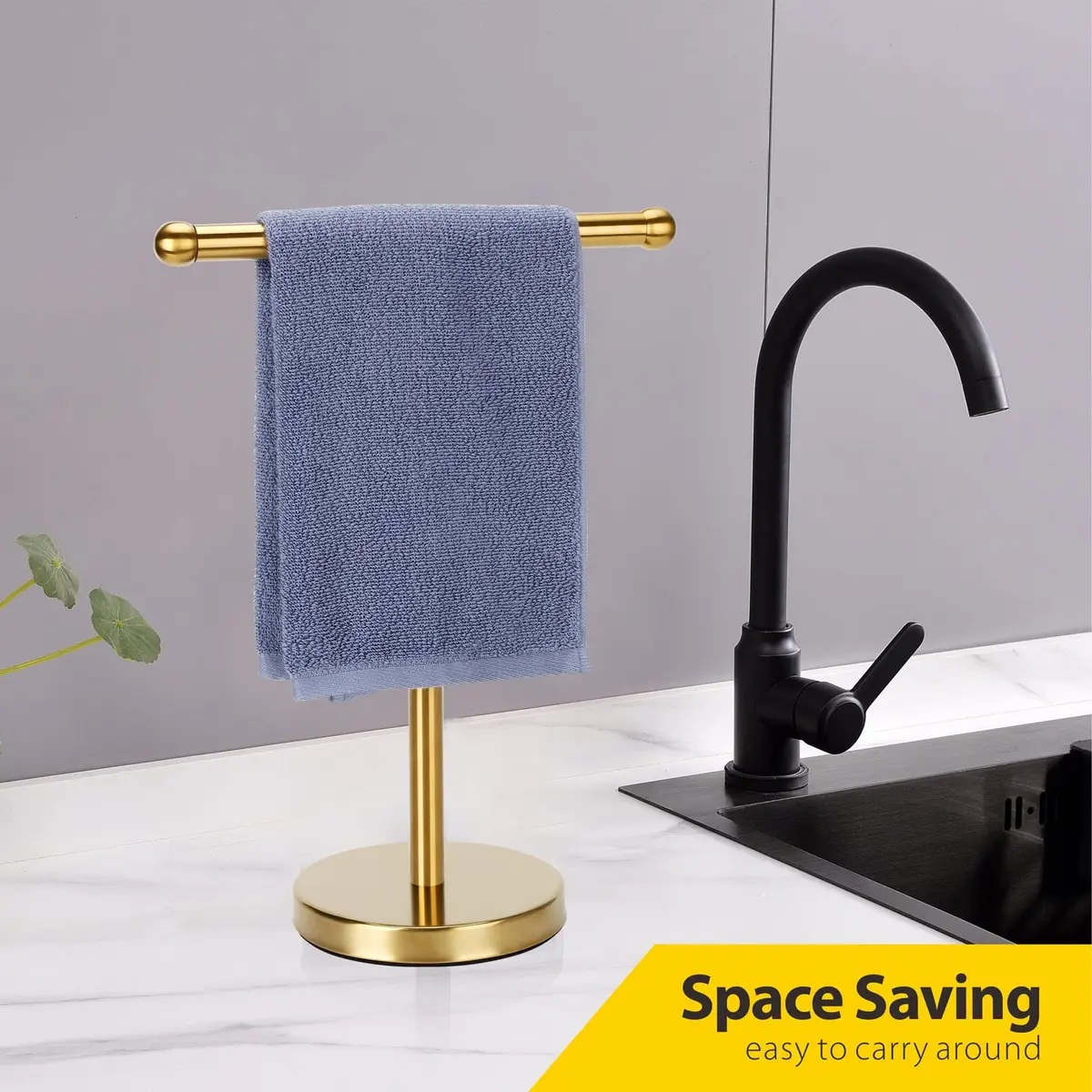 WAYDELI Gold Hand Towel Holder Stand with Weighted Base, SUS304 Stainless Steel, 29cm (11.4 inches) | Freestanding Countertop Design - view 4