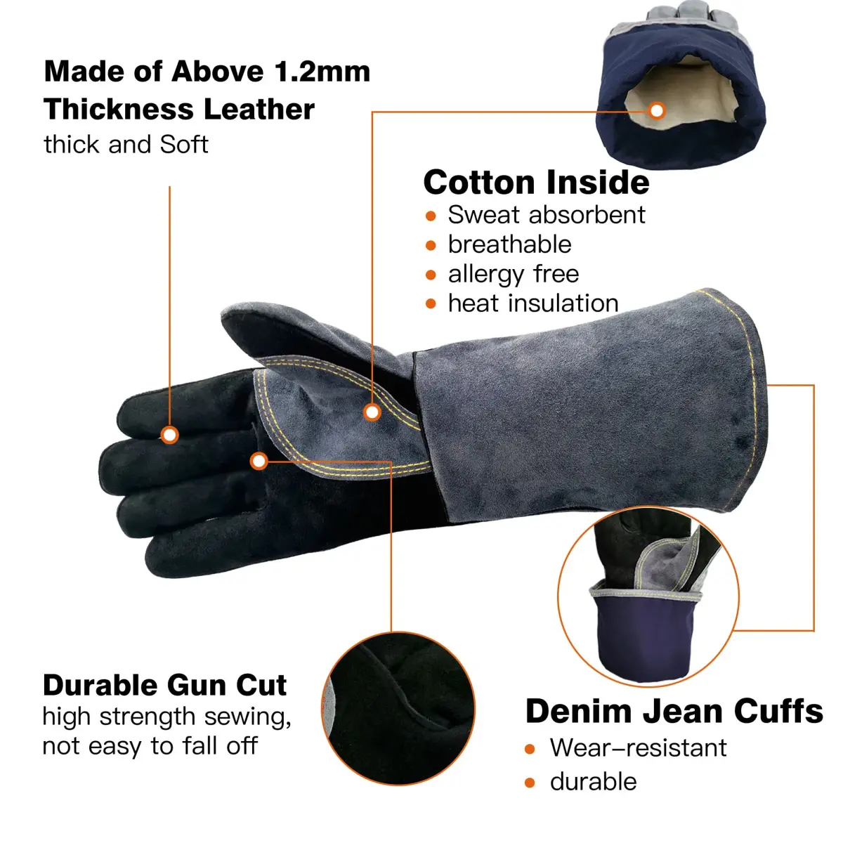 WZQH 14-inch Heat Resistant Welding Gloves Small Black-Gray | CTC Level 4 Protection - view 4