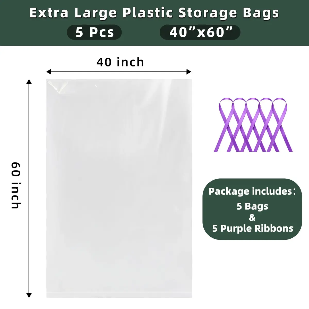 Yotelab Extra Large Clear Plastic Storage Bags 102cm x 152cm (40"x60") | 2 Mil Thick, 5-Piece Set with Ribbons - view 2