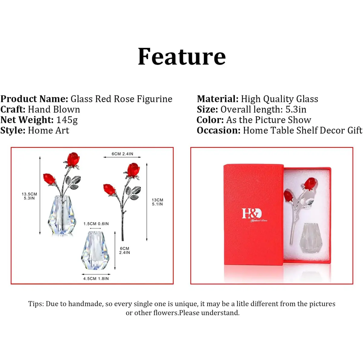 H&D HYALINE & DORA Red Crystal Double Rose Bouquet Figurine | Handmade Romantic Home Decor - view 6
