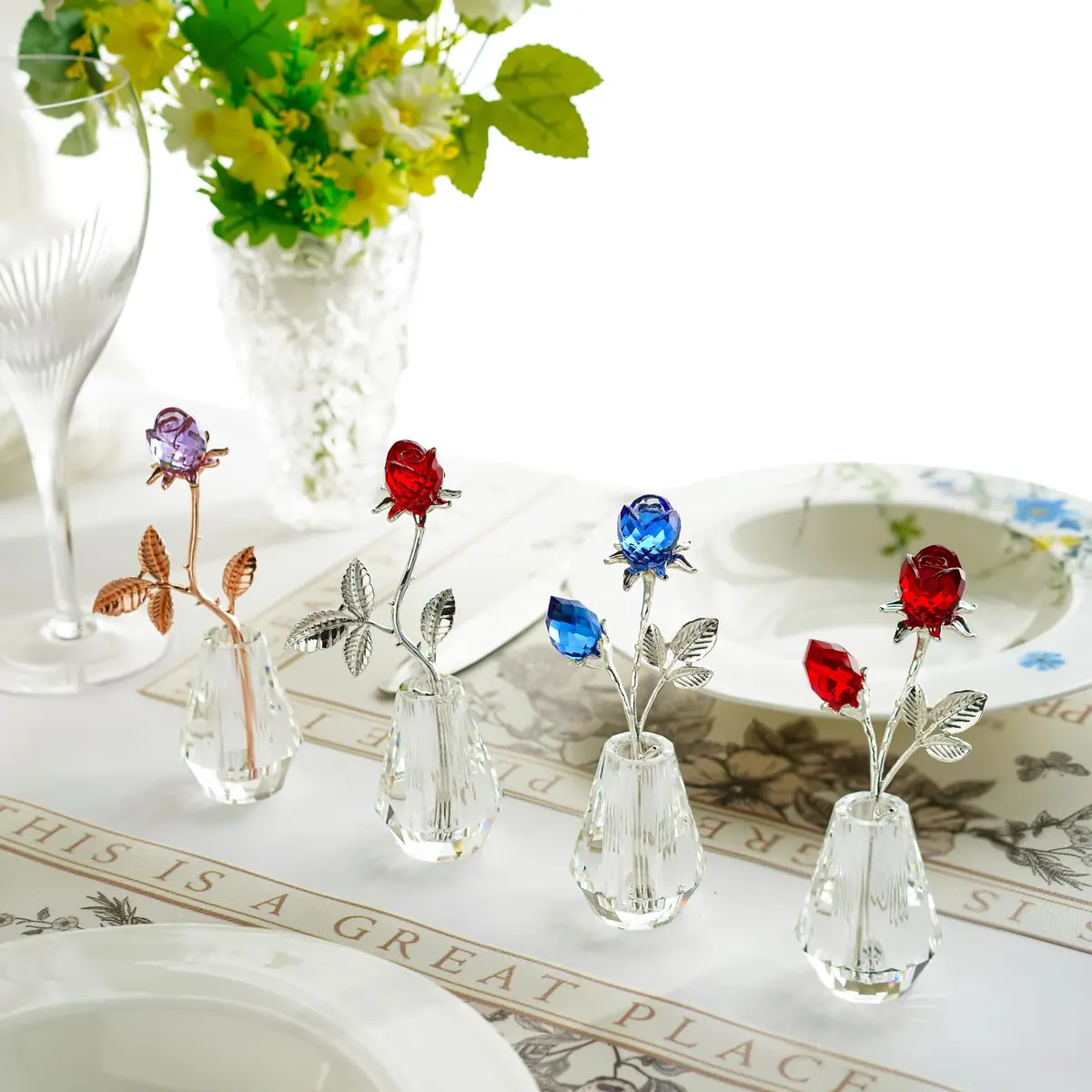 H&D HYALINE & DORA Red Crystal Double Rose Bouquet Figurine | Handmade Romantic Home Decor - view 7