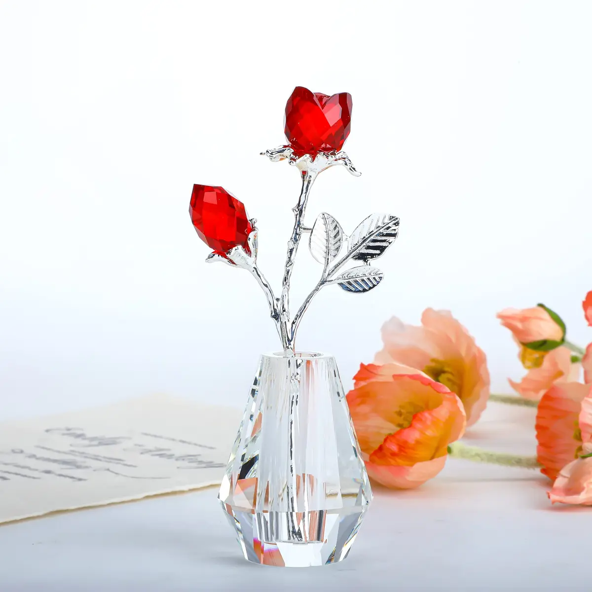 H&D HYALINE & DORA Red Crystal Double Rose Bouquet Figurine | Handmade Romantic Home Decor - view 8