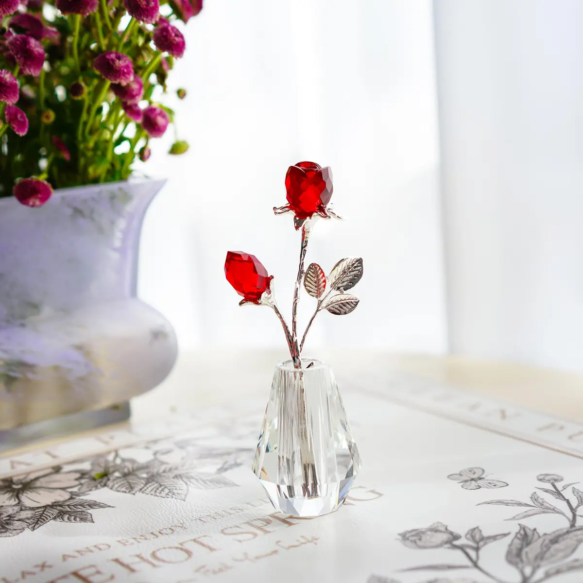 H&D HYALINE & DORA Red Crystal Double Rose Bouquet Figurine | Handmade Romantic Home Decor - view 9