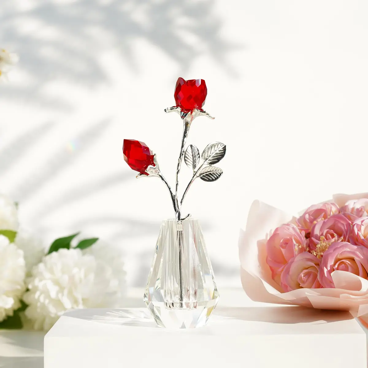 H&D HYALINE & DORA Red Crystal Double Rose Bouquet Figurine | Handmade Romantic Home Decor - view 2