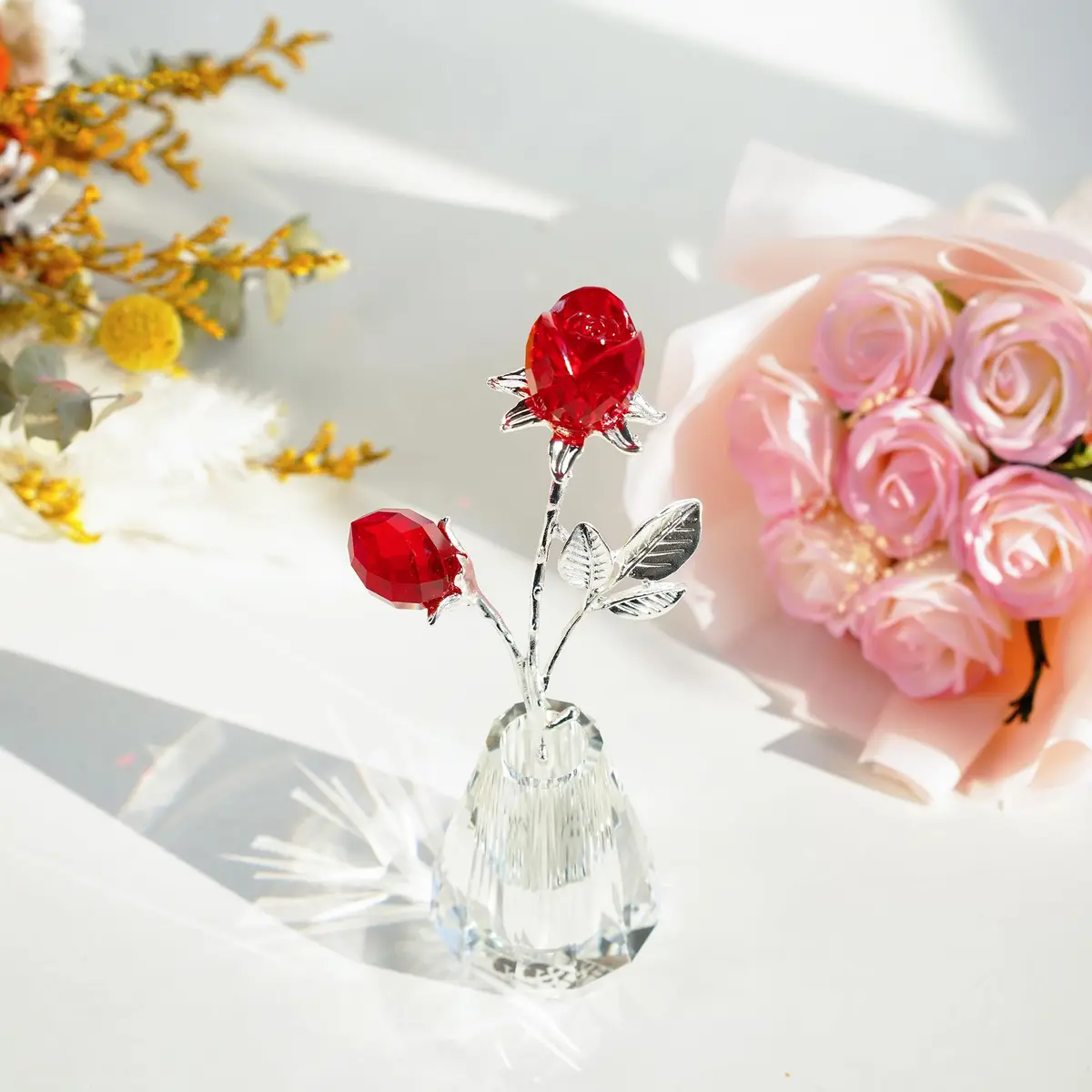 H&D HYALINE & DORA Red Crystal Double Rose Bouquet Figurine | Handmade Romantic Home Decor - view 3