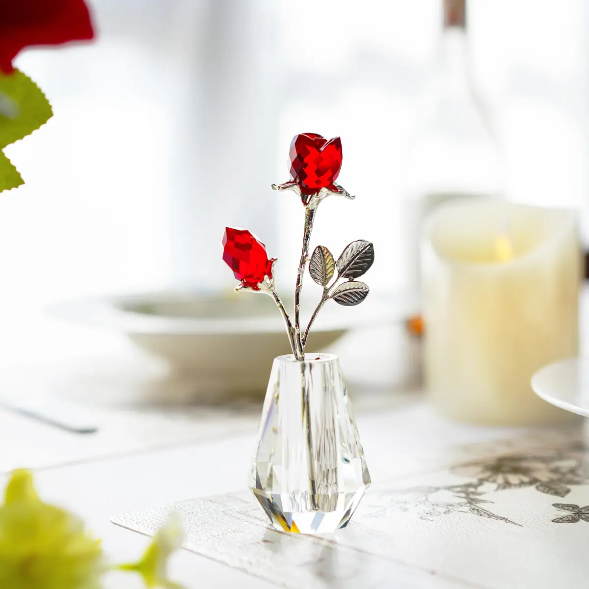 H&D HYALINE & DORA Red Crystal Double Rose Bouquet Figurine | Handmade Romantic Home Decor - view 4