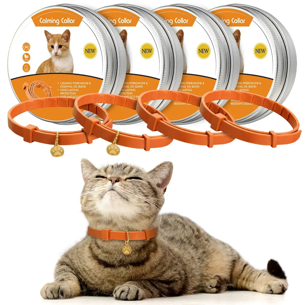 Weewooday 4-Pack Orange Calming Cat Collar with Pendants 38cm (15 Inches) | Reduces Anxiety & Aggression - main product image
