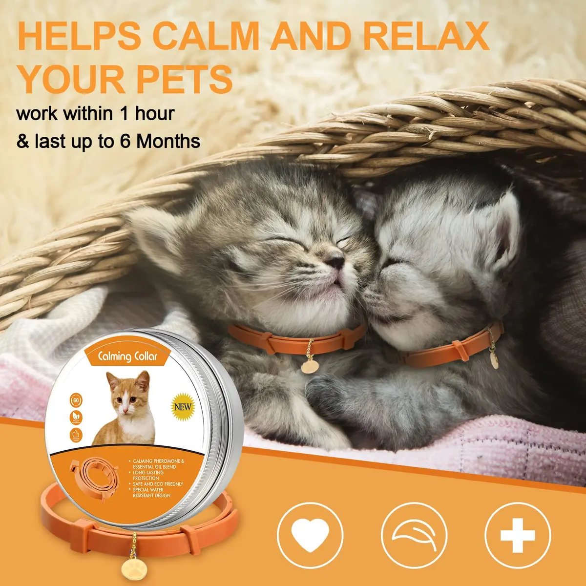 Weewooday 4-Pack Orange Calming Cat Collar with Pendants 38cm (15 Inches) | Reduces Anxiety & Aggression - view 2