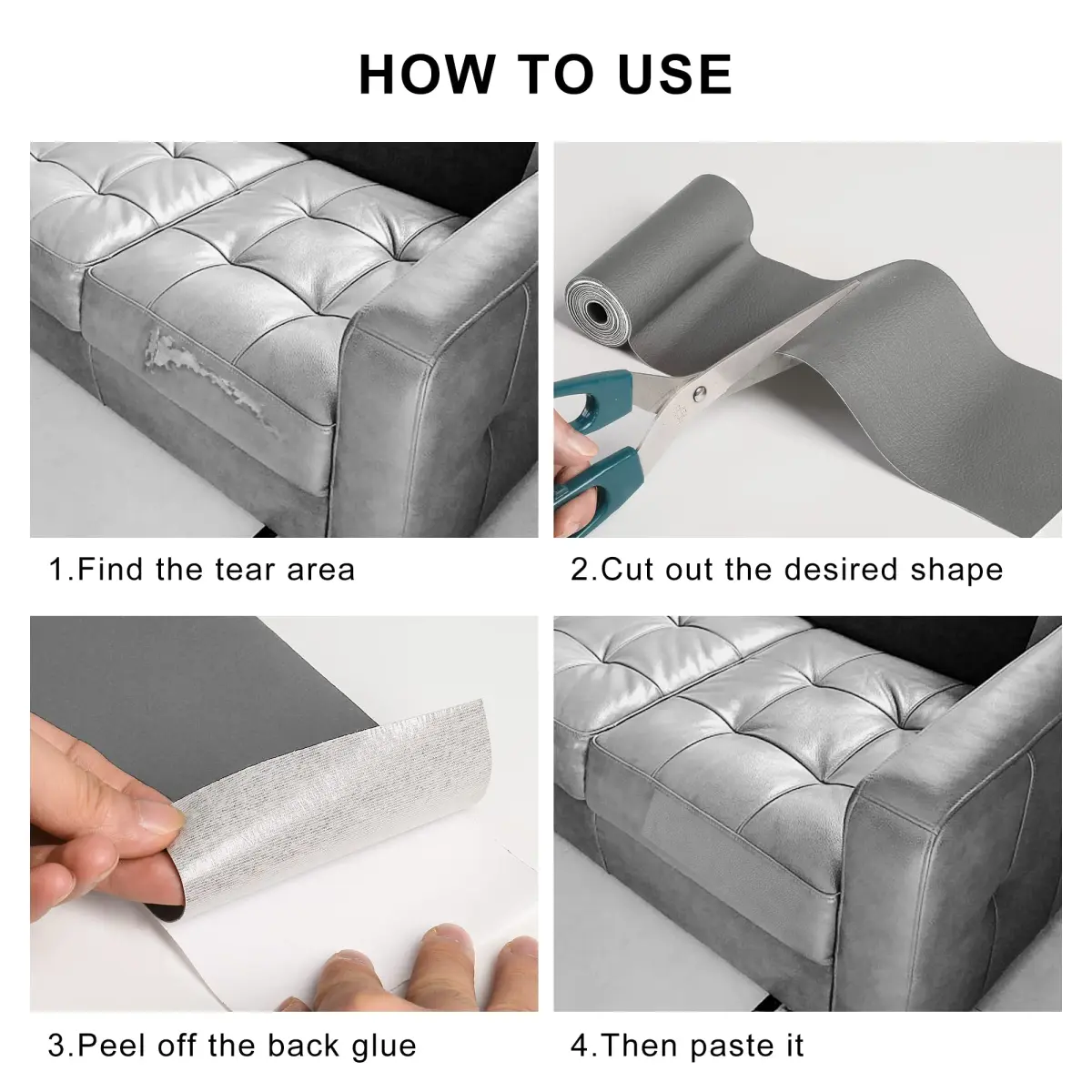 YAFLC Grey Self-Adhesive Leather Repair Patch 10cm x 160cm (4" x 63") | Strong PU Leather Tape for Furniture & Auto - view 3
