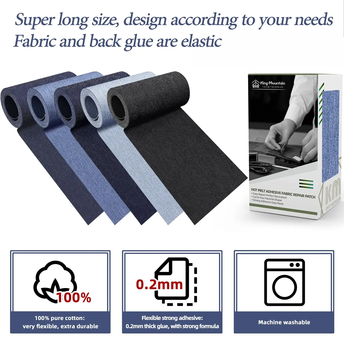 KING MOUNTAIN Iron-on Fabric Repair Patch 3"x60" Sky Blue | Durable Cotton Denim for Jeans & Clothing Repair - view 3
