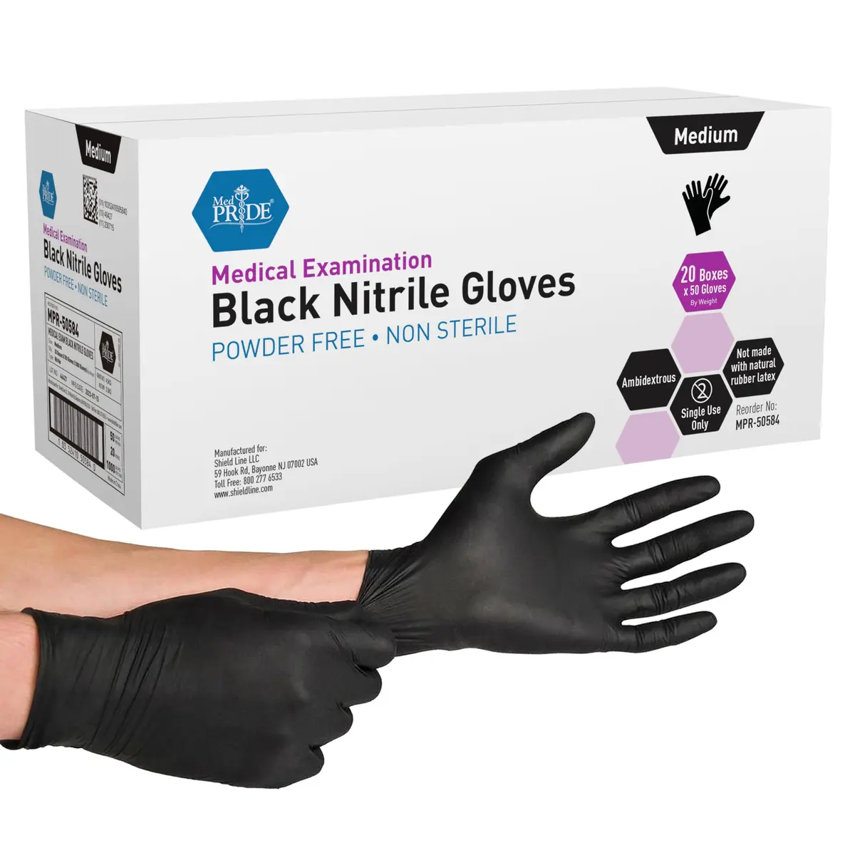 MED PRIDE Black Nitrile Exam Gloves 4 Mil Medium | Waterproof, Puncture-Resistant, Powder-Free (1000-Count) - main product image