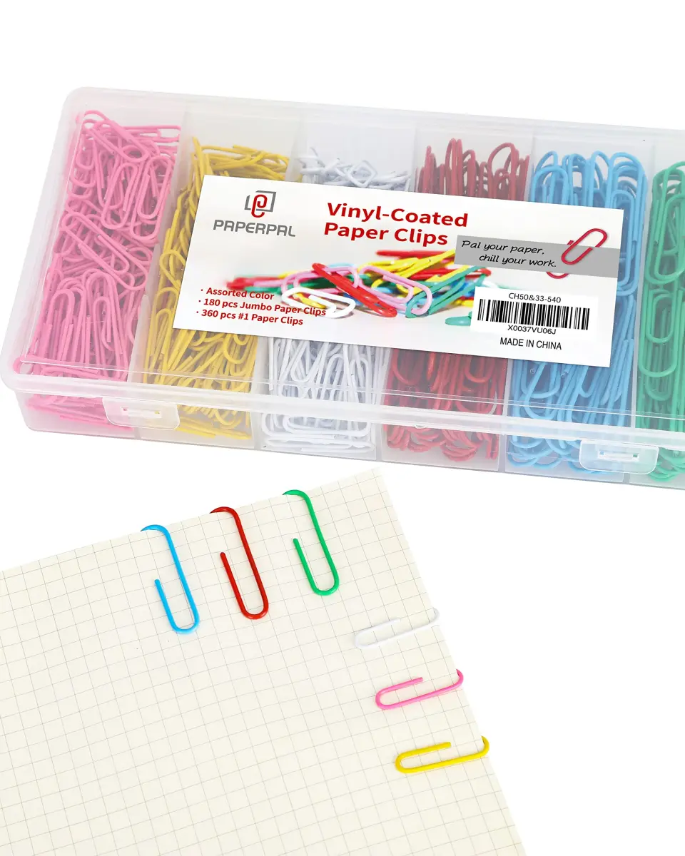 PAPERPAL Colorful Vinyl Coated Paper Clips, 50 mm (2 in) & 33 mm (1-2/7 in), 540 Count | Assorted Colors for Office & School - main product image