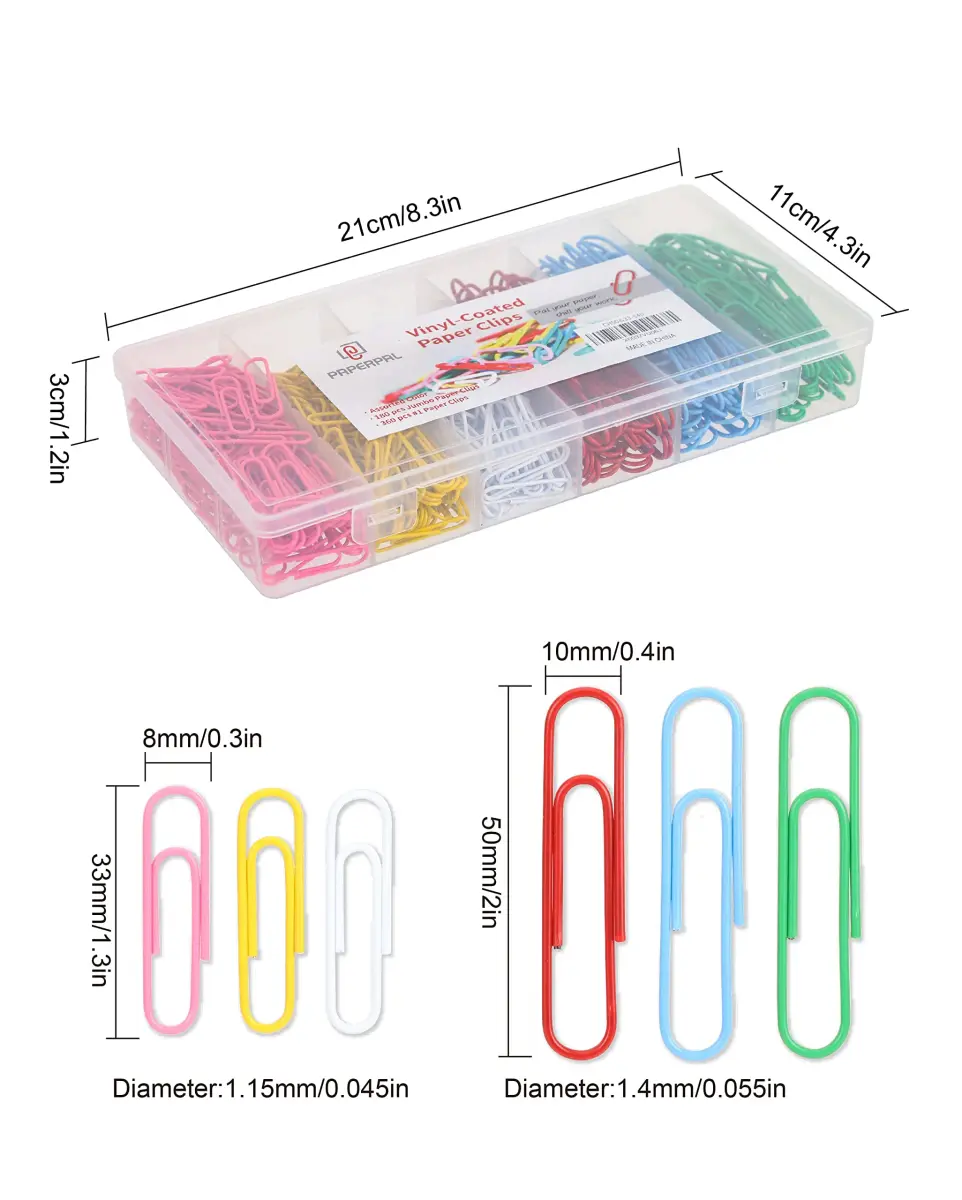 PAPERPAL Colorful Vinyl Coated Paper Clips, 50 mm (2 in) & 33 mm (1-2/7 in), 540 Count | Assorted Colors for Office & School - view 2