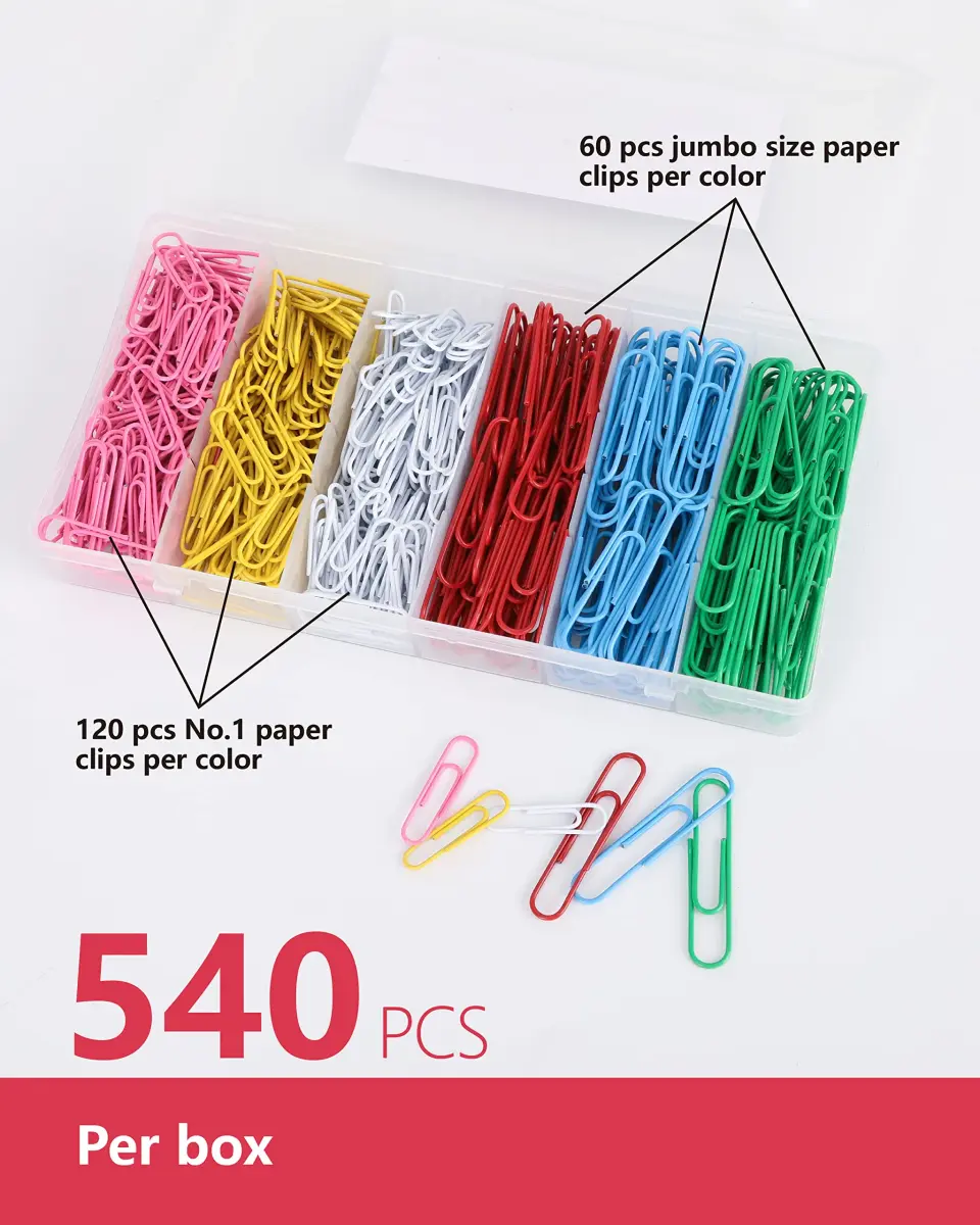 PAPERPAL Colorful Vinyl Coated Paper Clips, 50 mm (2 in) & 33 mm (1-2/7 in), 540 Count | Assorted Colors for Office & School - view 3