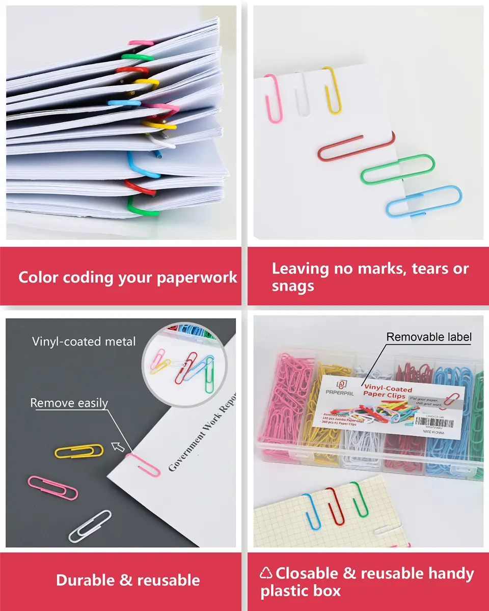PAPERPAL Colorful Vinyl Coated Paper Clips, 50 mm (2 in) & 33 mm (1-2/7 in), 540 Count | Assorted Colors for Office & School - view 4