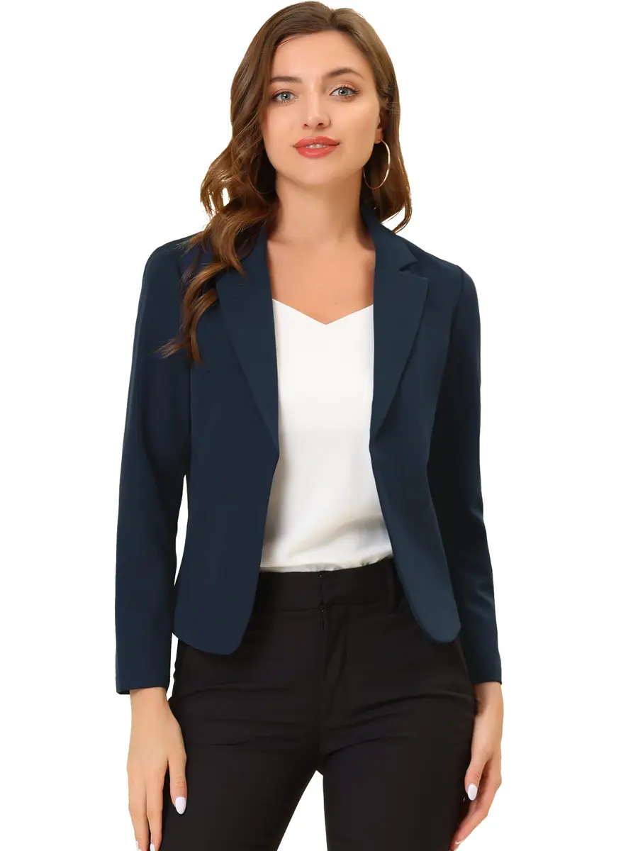 Allegra K Women's Open Front Crop Suit Blazer Medium Dark Blue-Solid | Lightweight Summer Office Work - main product image