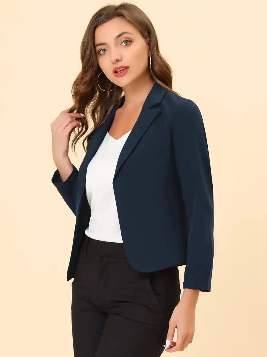 Allegra K Women's Open Front Crop Suit Blazer Medium Dark Blue-Solid | Lightweight Summer Office Work - view 2