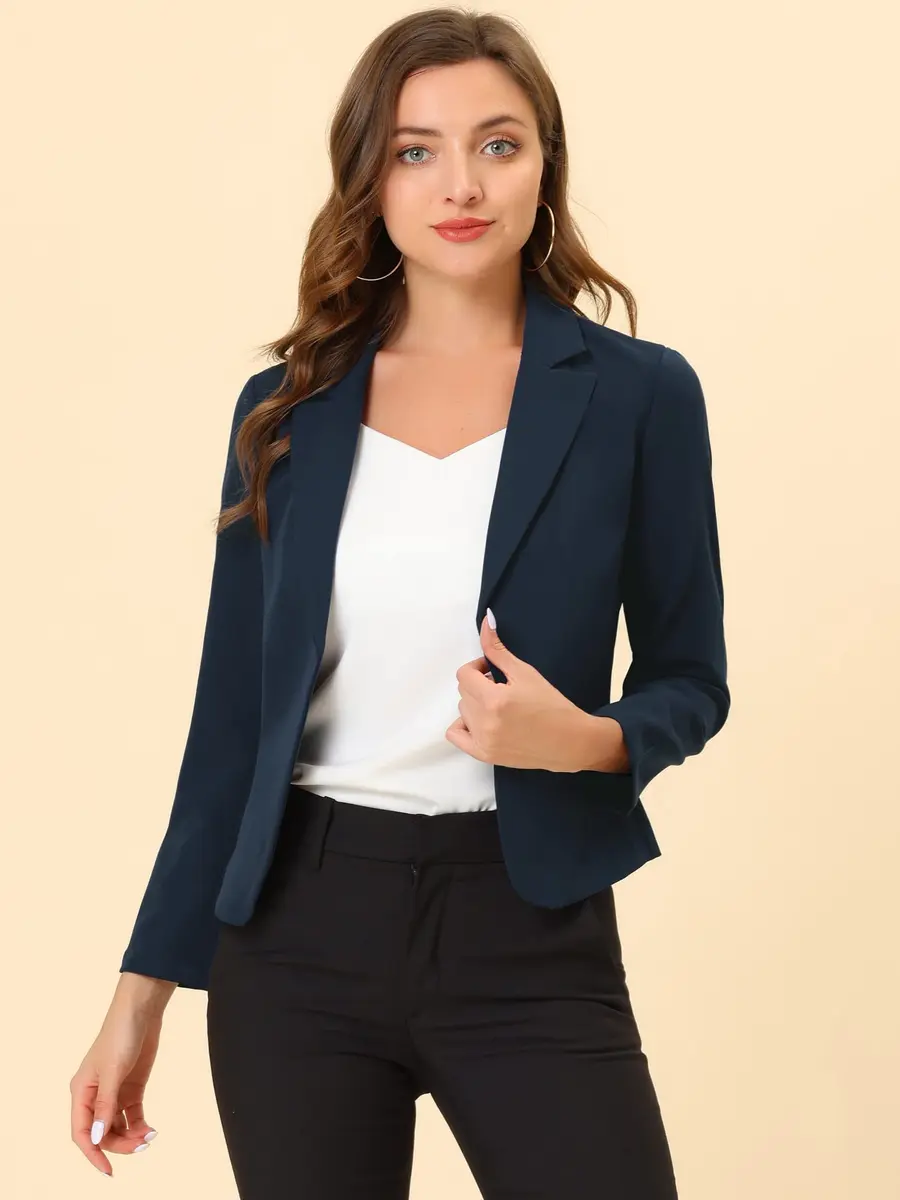 Allegra K Women's Open Front Crop Suit Blazer Medium Dark Blue-Solid | Lightweight Summer Office Work - view 3