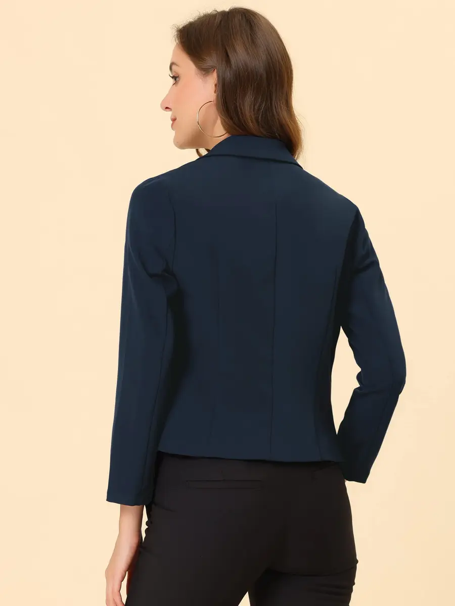 Allegra K Women's Open Front Crop Suit Blazer Medium Dark Blue-Solid | Lightweight Summer Office Work - view 4