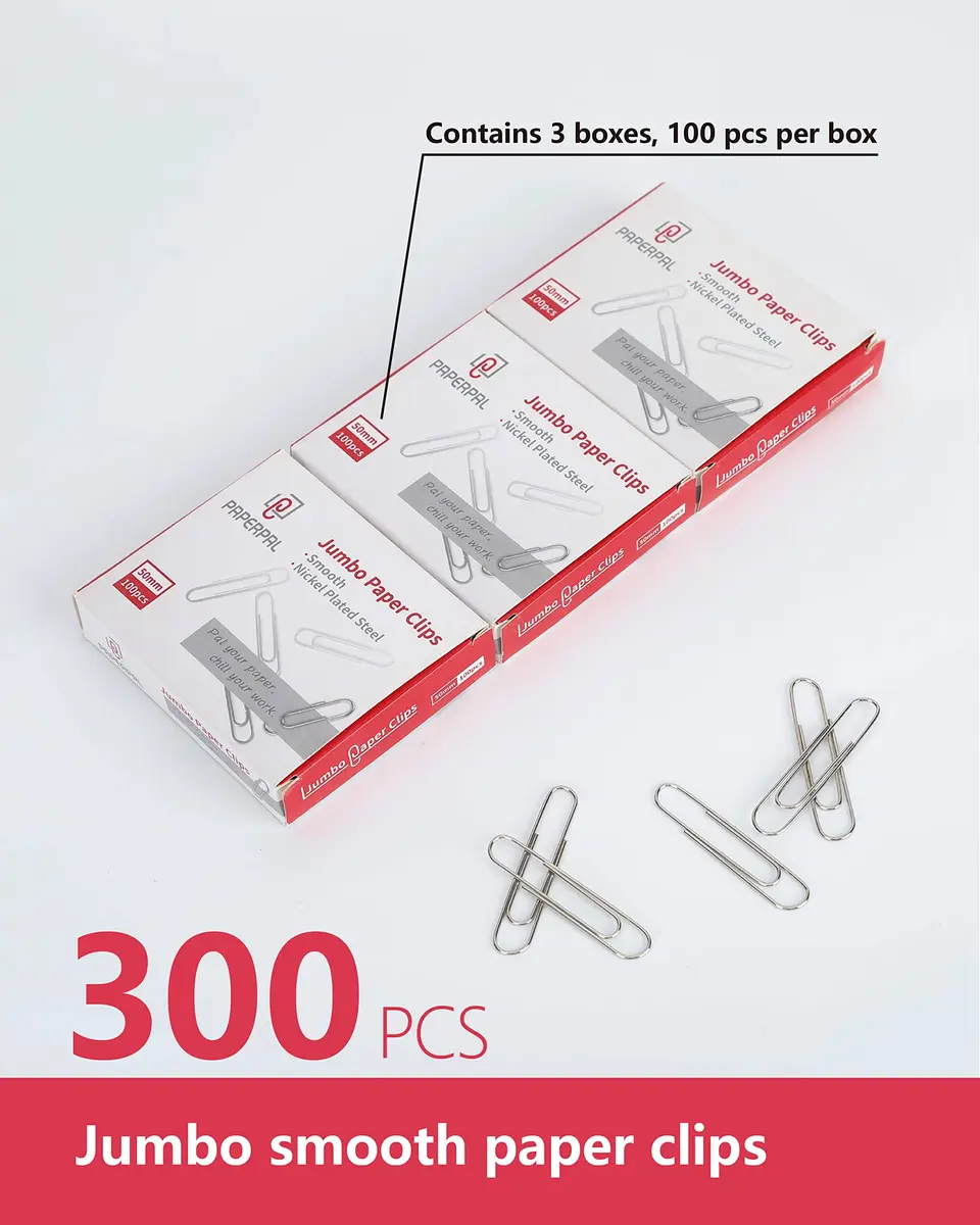 PAPERPAL Jumbo Smooth Paper Clips 50mm (2") 300 Count | Strong Grip, Anti-Rust Finish - view 3