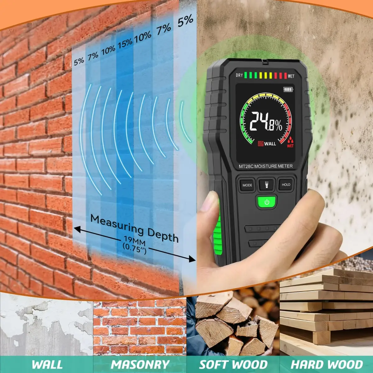 RDINSCOS Pinless Moisture Meter for Walls and Wood | Non-Destructive Detection Up to 19mm Deep - view 4