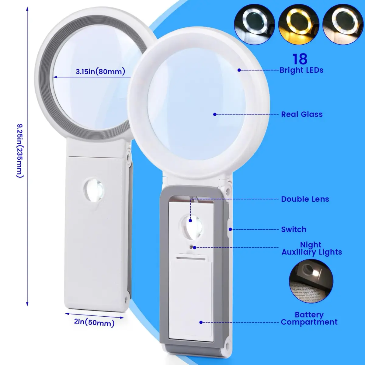 KIBTOY White Magnifying Glass with Light and Stand 3X Magnification | 8 cm (3.2 inch) Glass Lens - view 5