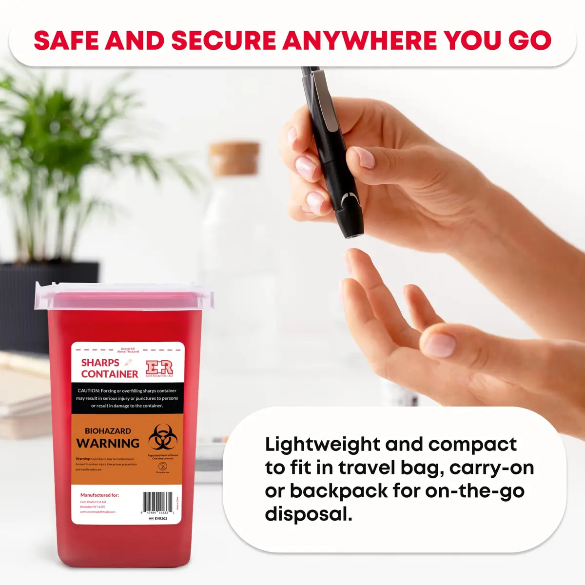 Ever Ready First Aid Sharps Container with Split Lid Design and Locking Mechanism for Sharp Waste Disposal, 1 Quart | Leak-Proof, Puncture-Resistant, Portable - view 4