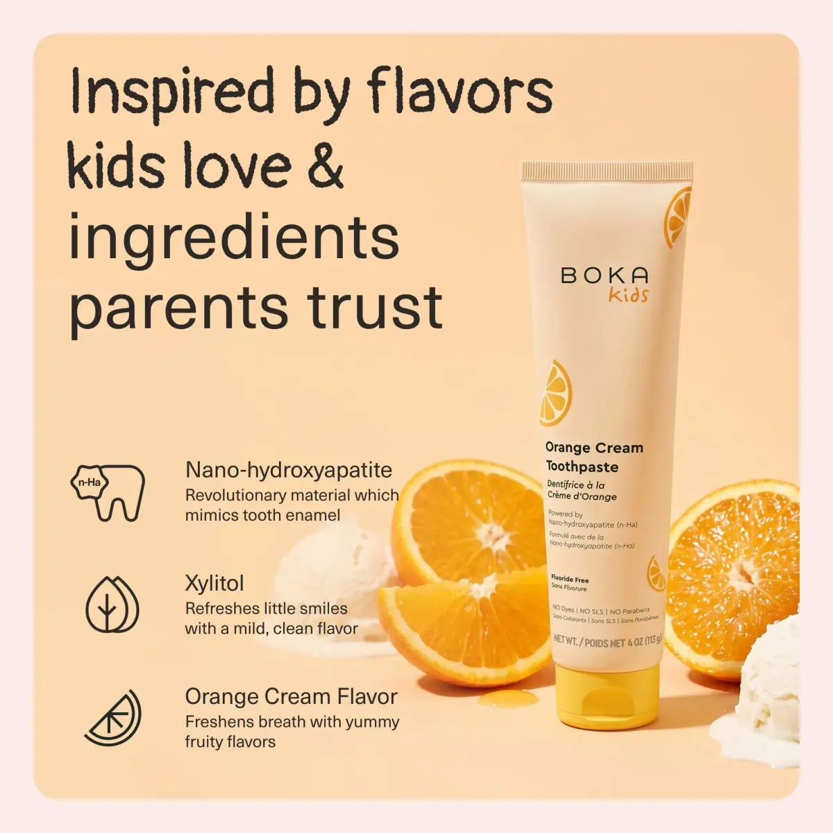 Boka Kids Toothpaste Orange Cream Nano Hydroxyapatite Fluoride-Free 113g (4 Oz) | Enamel Care for Kids Ages 1+ - view 2
